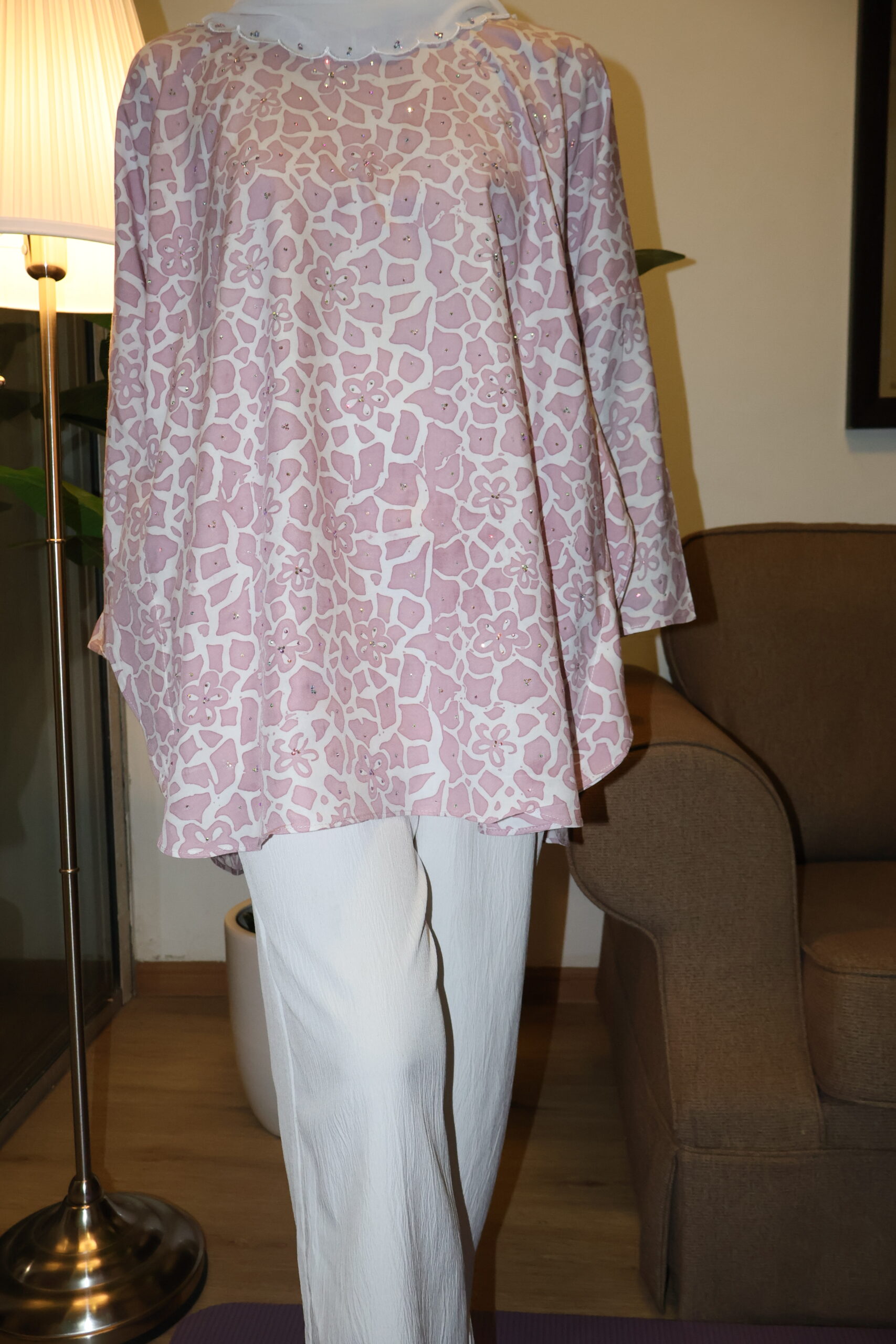 Stamped Batik Blouse With diamonds (nude pink)