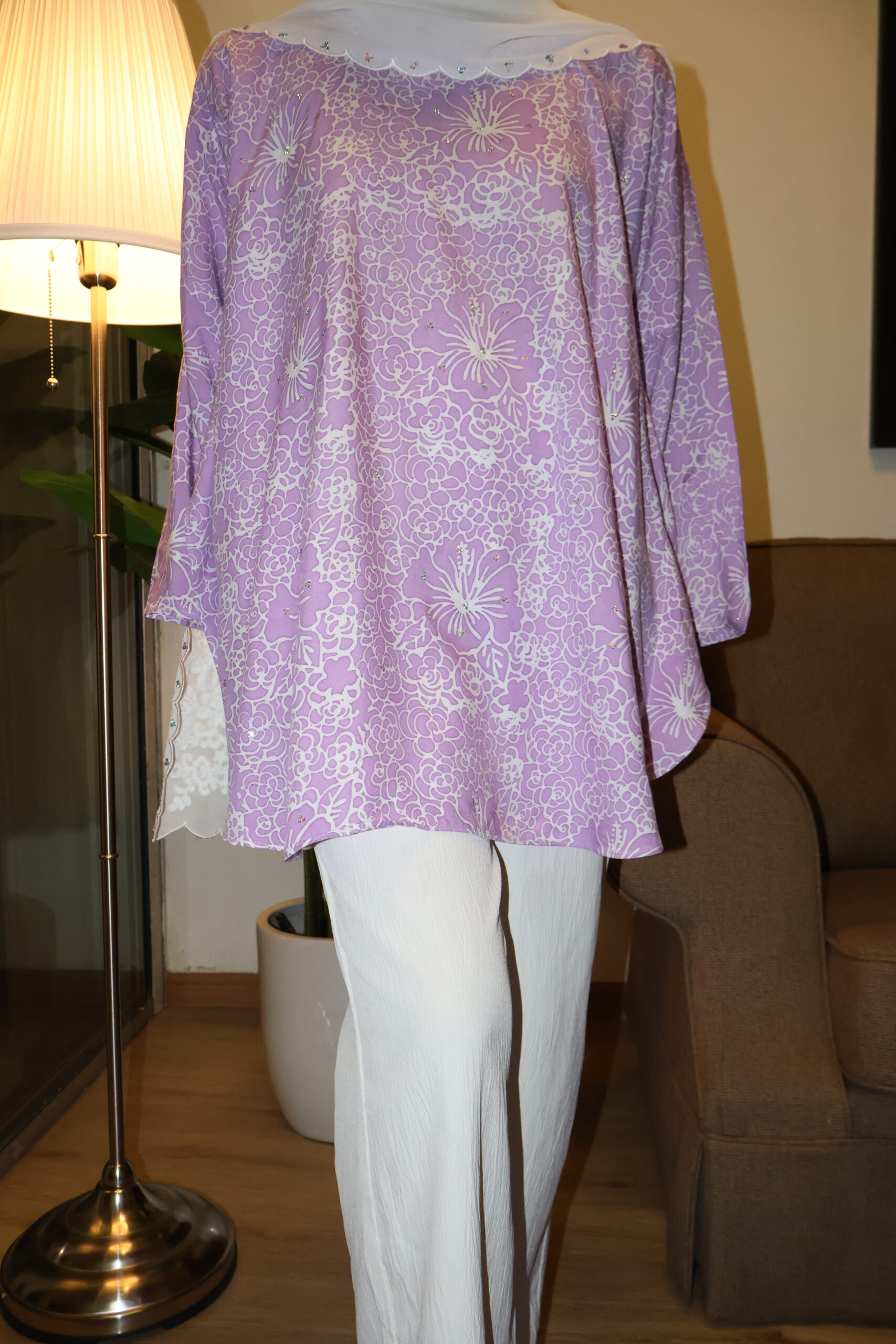 Stamped Batik Blouse With diamonds (Dark lilac)