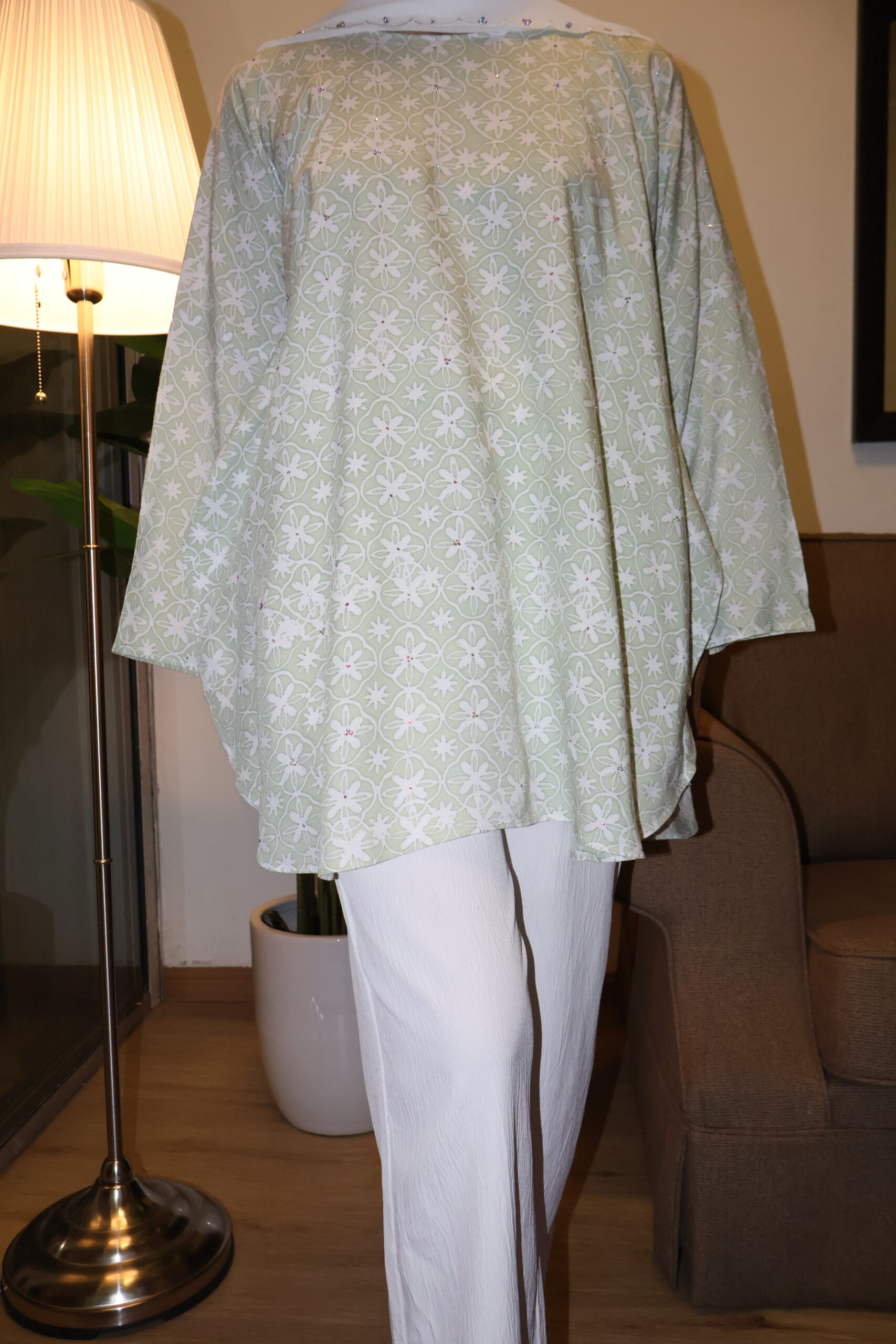 Stamped Batik Blouse With diamonds (Soft sage green)