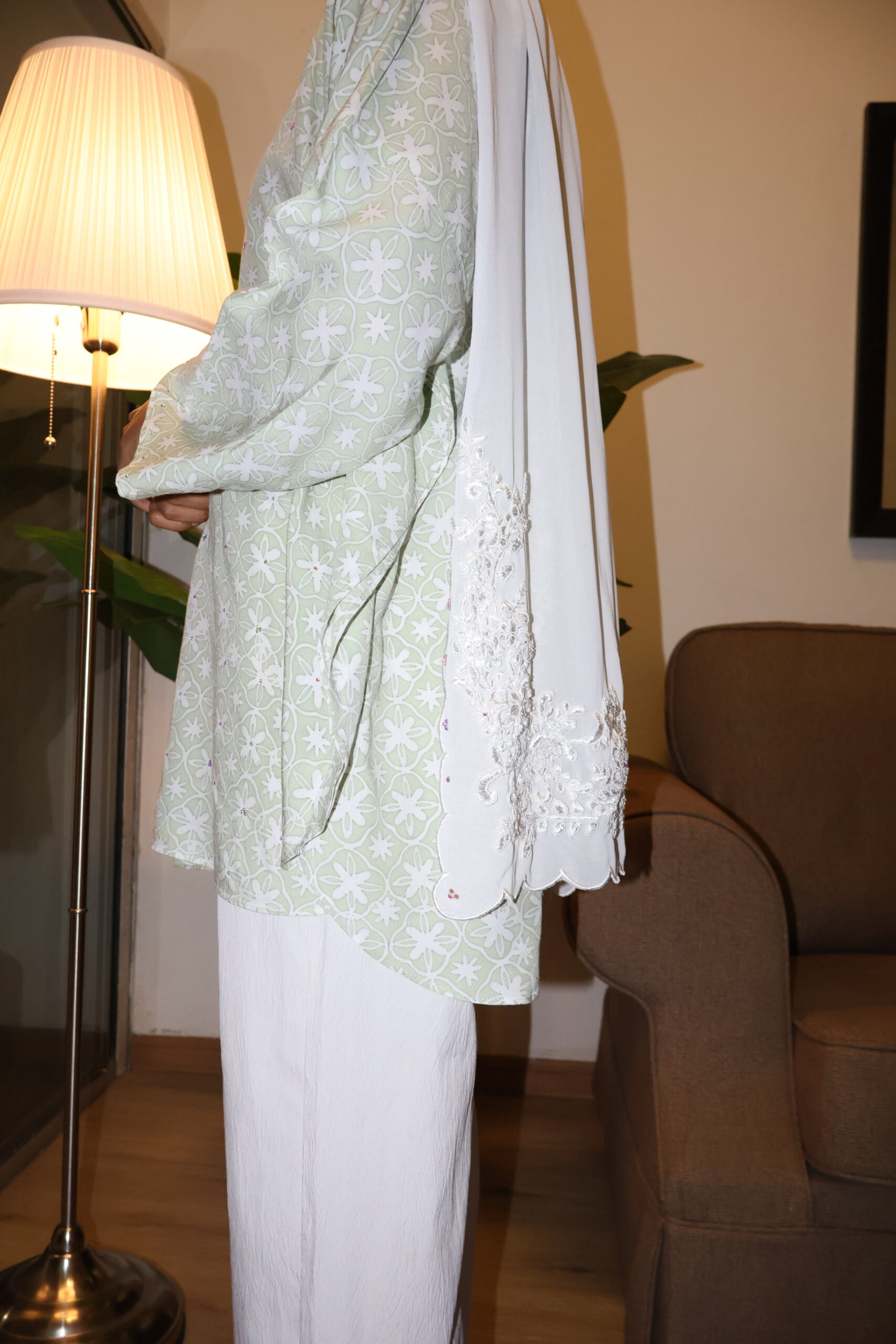 Stamped Batik Blouse With diamonds (Soft sage green) - Image 2