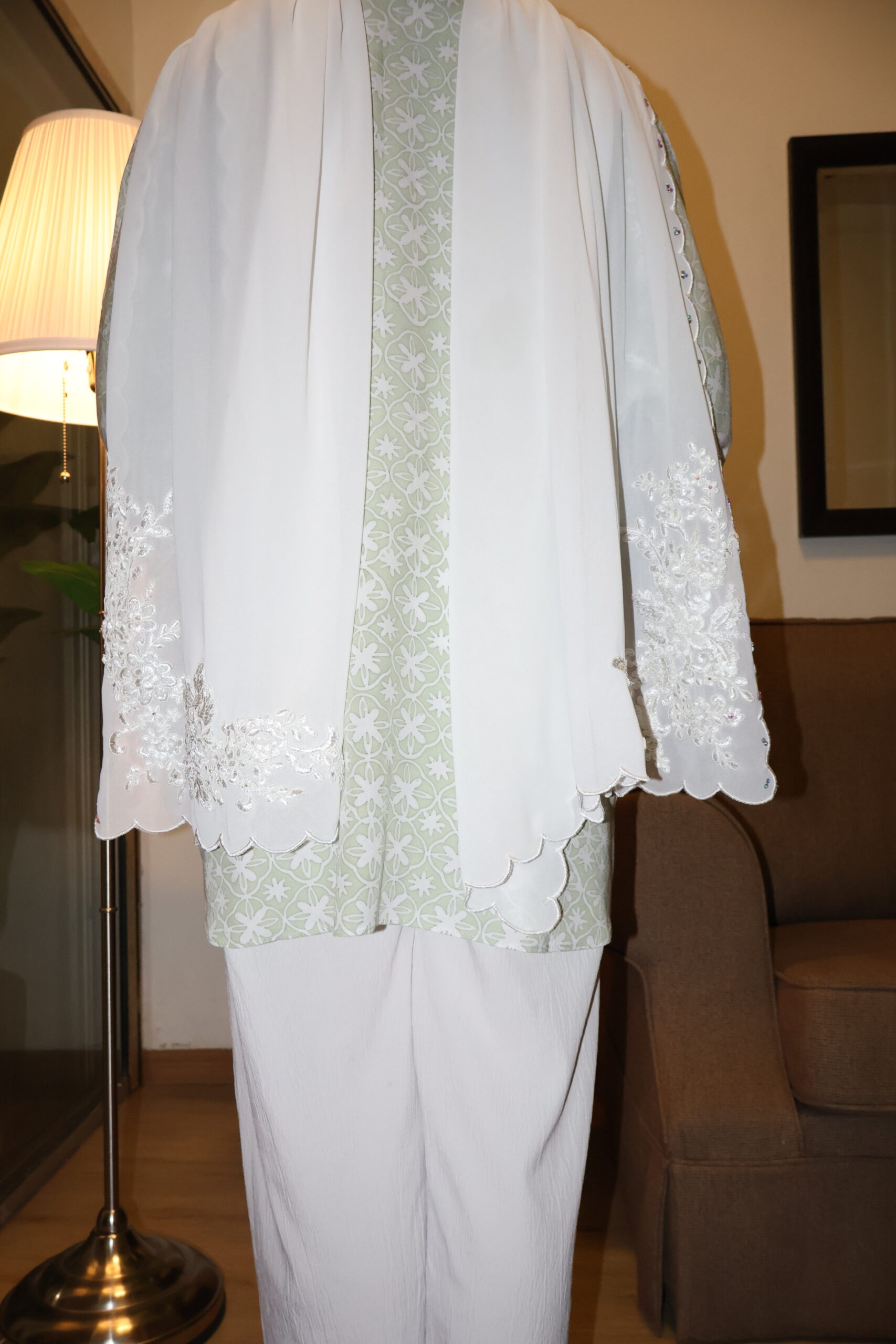 Stamped Batik Blouse With diamonds (Soft sage green) - Image 3