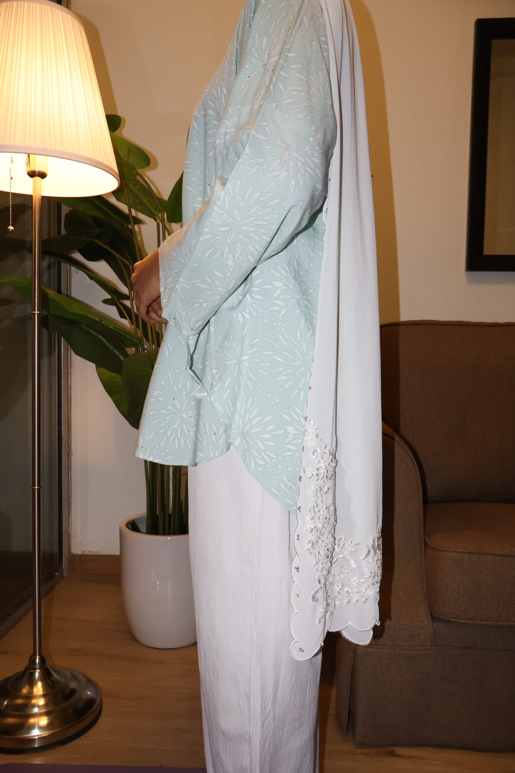 Stamped Batik Blouse With diamonds (Pastel Green) - Image 2
