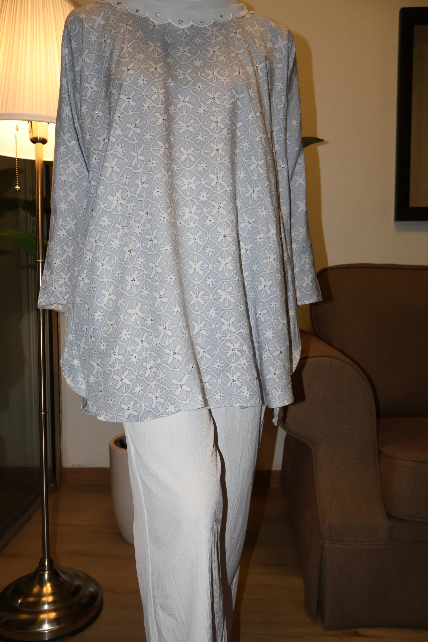 Stamped Batik Blouse With diamonds (grey)